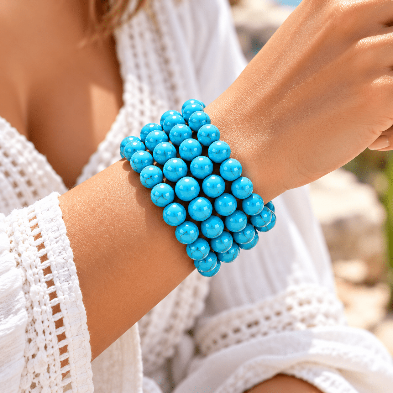 4pc Vintage Turquoise Round Bead Stretch Bracelet Set, Minimalist Style